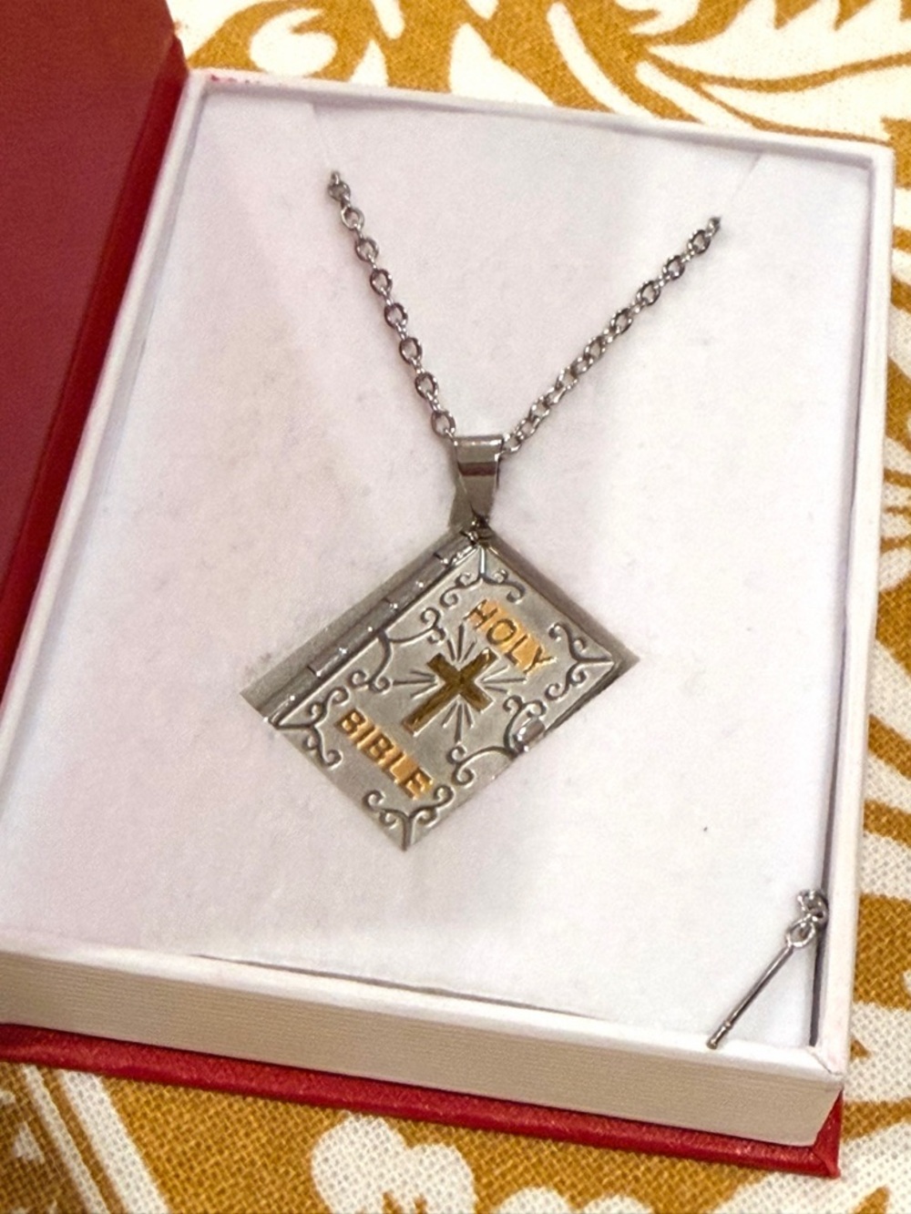 Silver and Gold "Holy Bible" Cross Locket Necklace